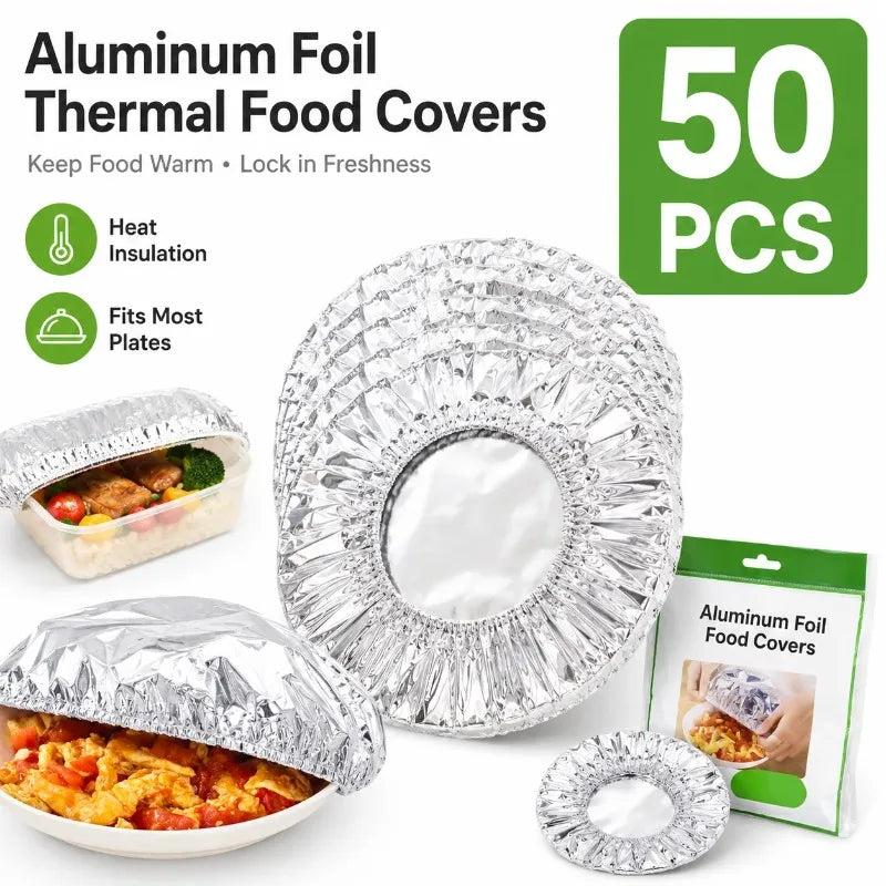 A set of 50 aluminum foil thermal food covers are shown, including a large round cover and smaller individual covers.