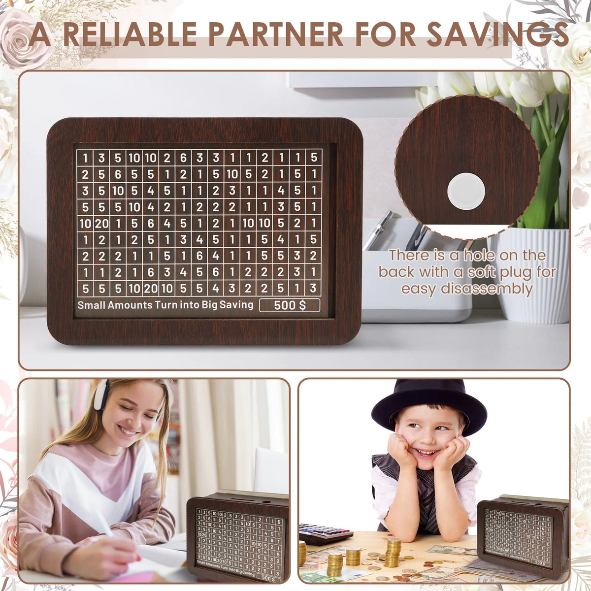 A wooden piggy bank with a slot for coins and a soft plug on the back for easy disassembly.