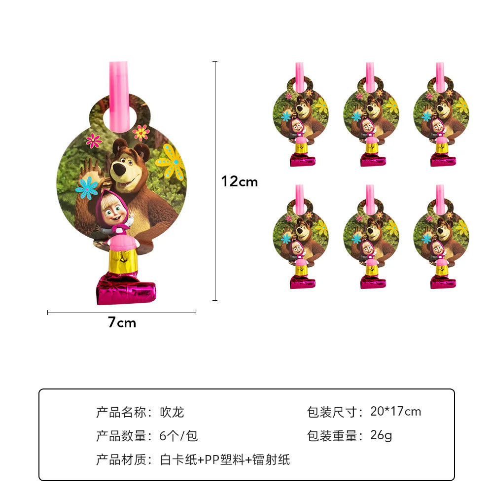 A set of pink and green animal-themed party decor featuring a bear and a girl, packaged for celebration.