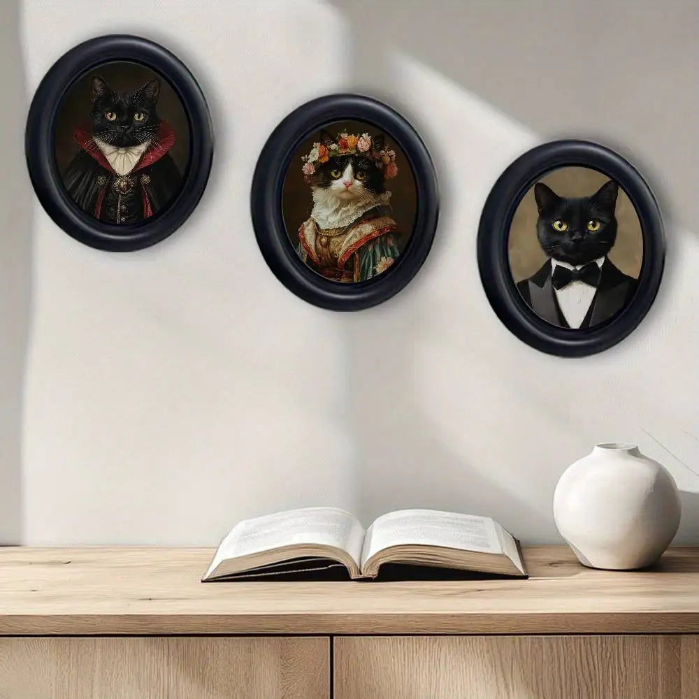 Three round wooden photo frames featuring Renaissance portraits of cats on a light gray wall above an open book and a white v