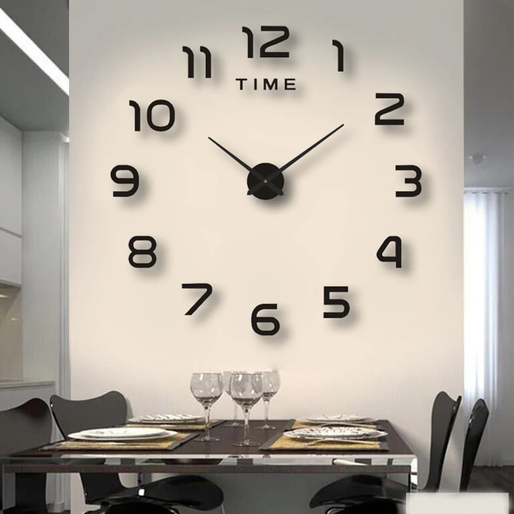 A modern wall clock with black numbers and hands displaying the time, mounted on a light-colored wall above a dining table.