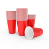 A stack of ten red disposable party cups, including a single cup lying on its side.