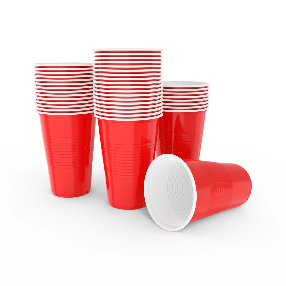 A stack of ten red disposable party cups, including a single cup lying on its side.