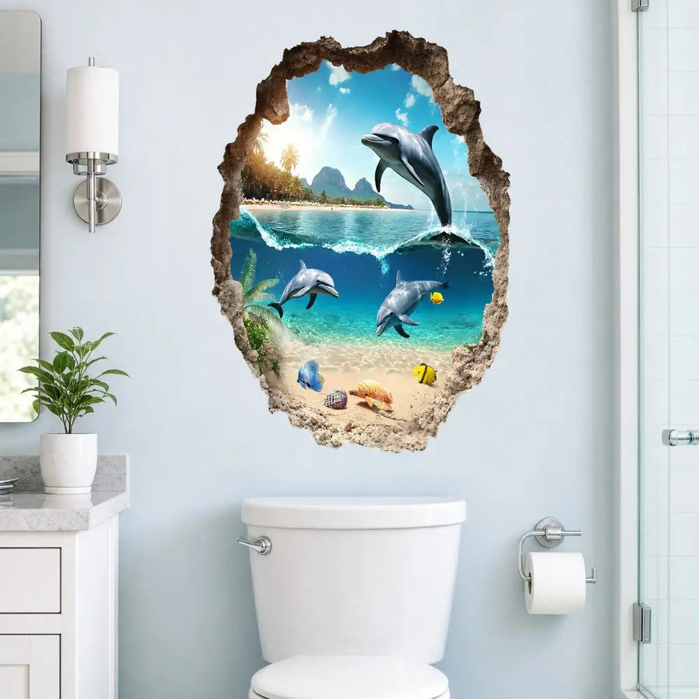 A wall sticker featuring a mural of dolphins jumping through a broken, natural-looking wall frame on a light blue wall.