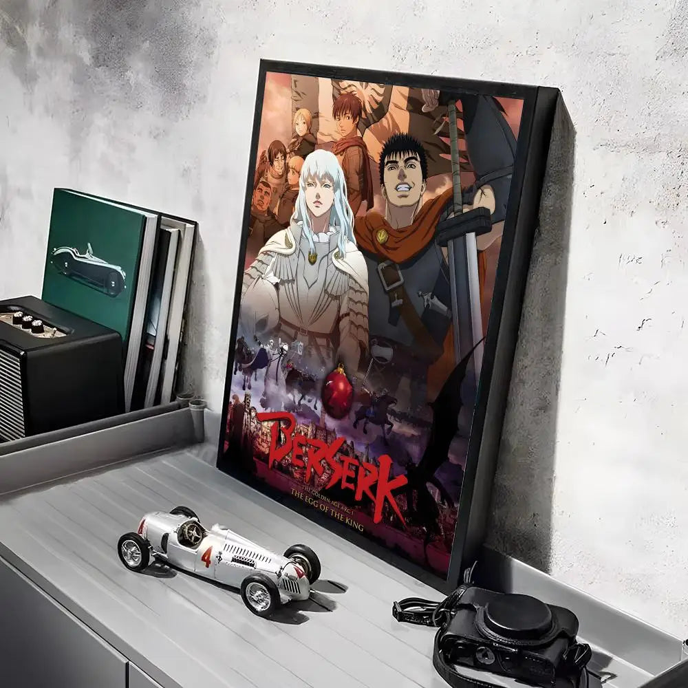 A poster of the Vinland Saga anime featuring characters and a sword displayed in a black frame.