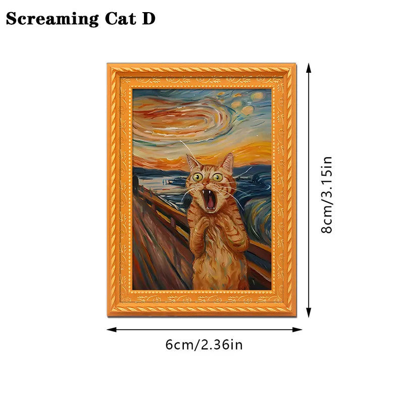 An oil painting of a cat screaming in distress framed in wood.