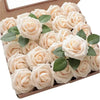 A box filled with lifelike pale peach foam roses with green leaves for wedding and home décor