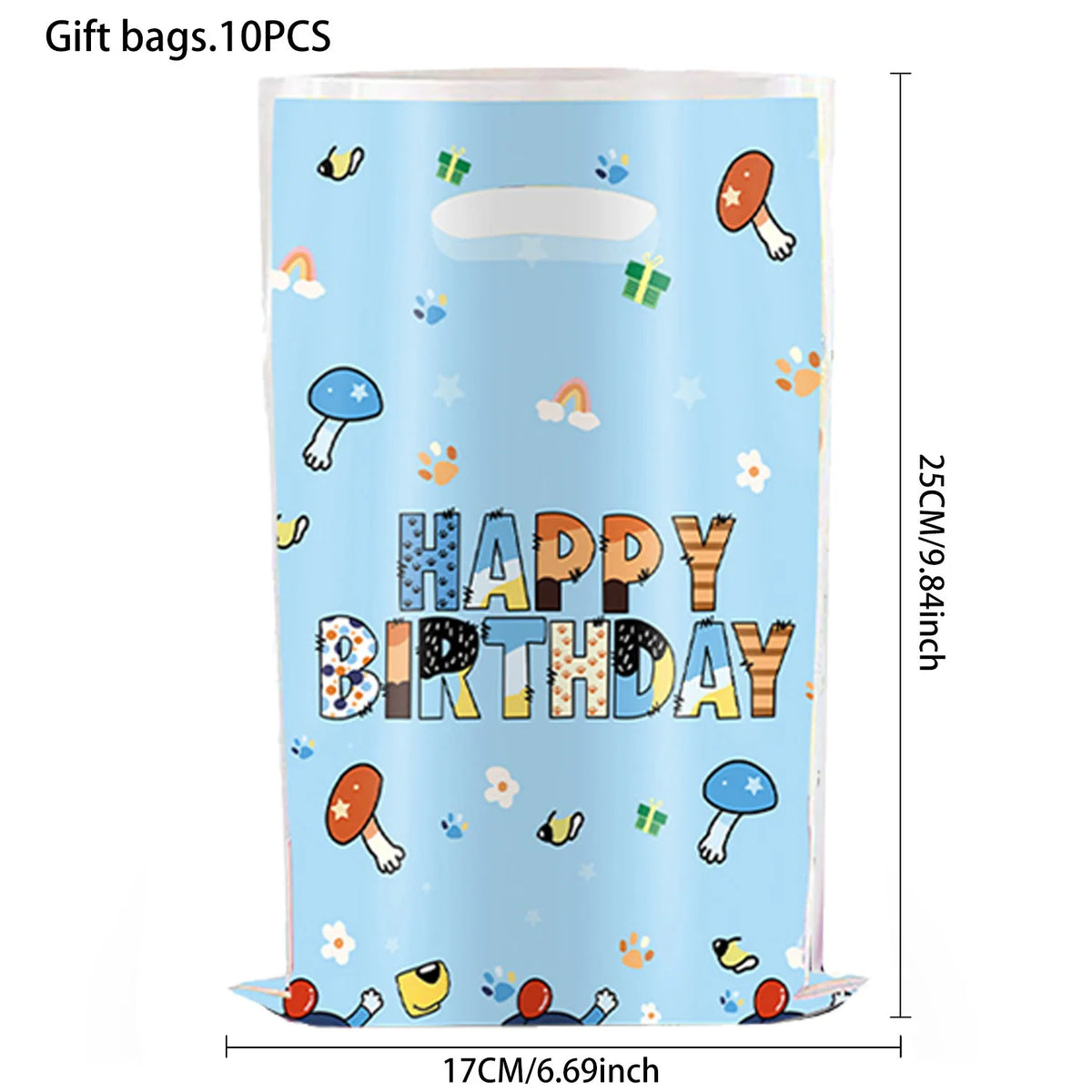 A roll of blue birthday themed wrapping paper featuring various cute illustrations and the text HAPPY BIRTHDAY
