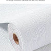 Roll of white self-adhesive 3D linen texture wallpaper panels showing the embossed surface