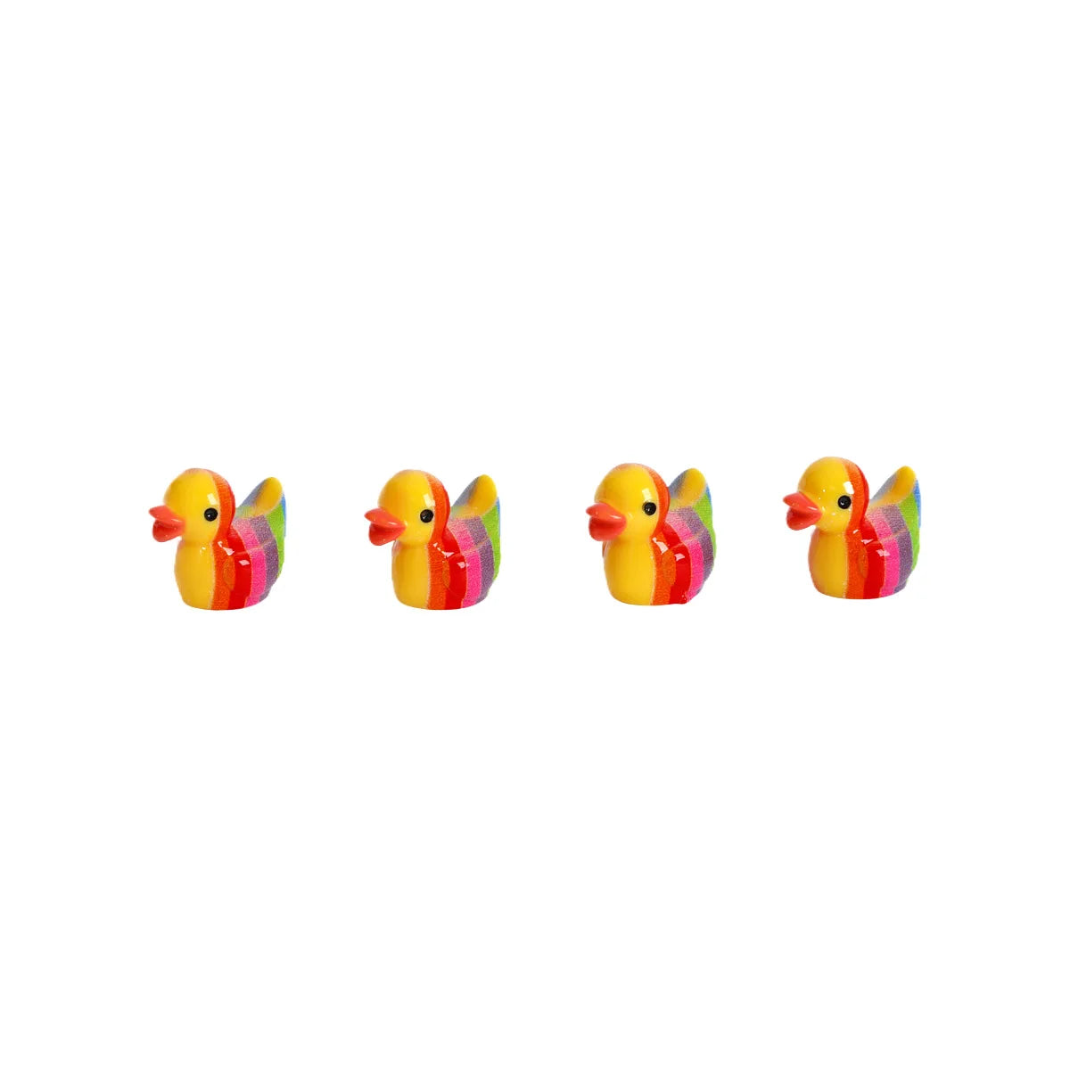 A set of three mini resin colorful duck decorations in yellow, red, and green.