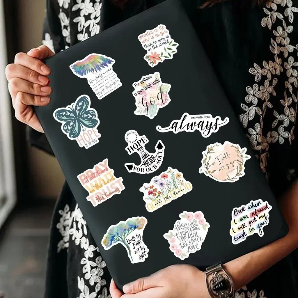 Black sticker sheet featuring various Jesus phrase graffiti stickers like Hope and I am with you