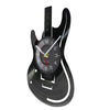 A black vintage vinyl record guitar wall clock with a circular face and a guitar body shape.