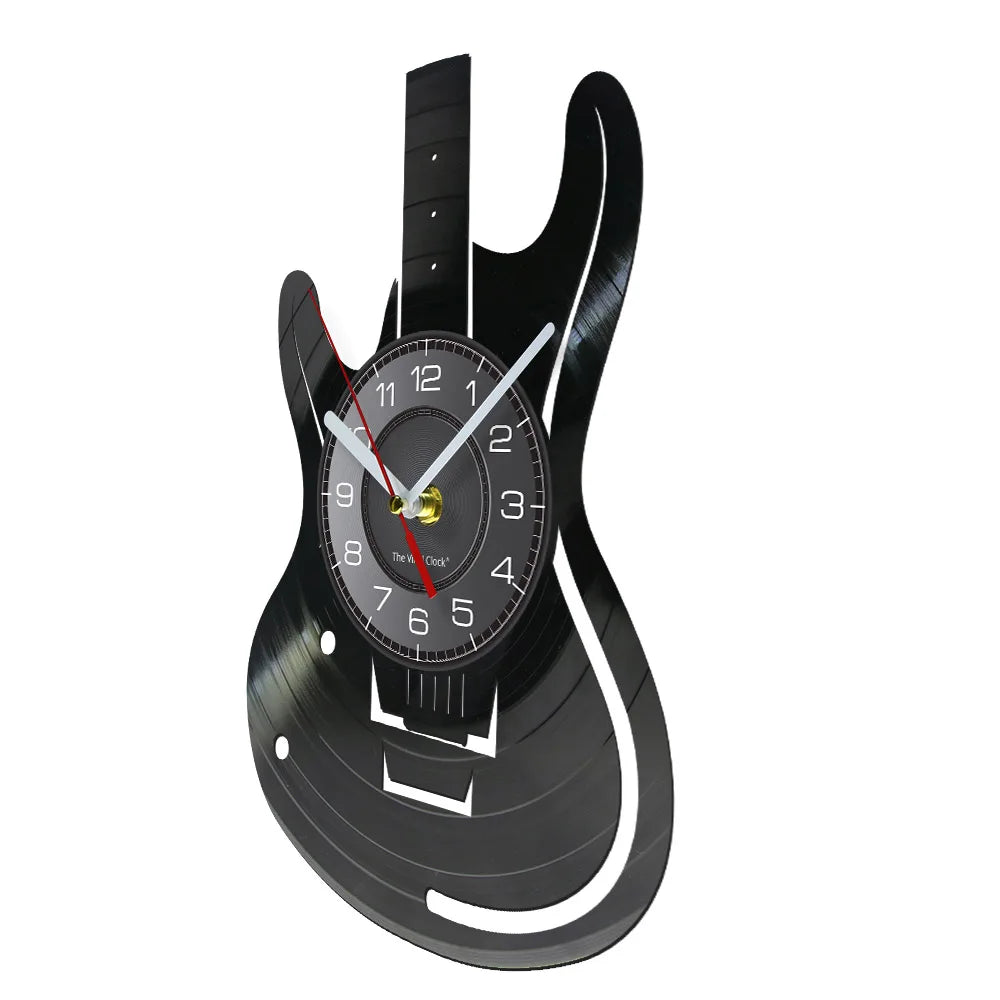 A black vintage vinyl record guitar wall clock with a circular face and a guitar body shape.