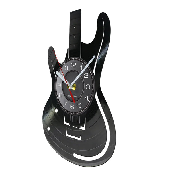 A black vintage vinyl record guitar wall clock with a circular face and a guitar body shape.
