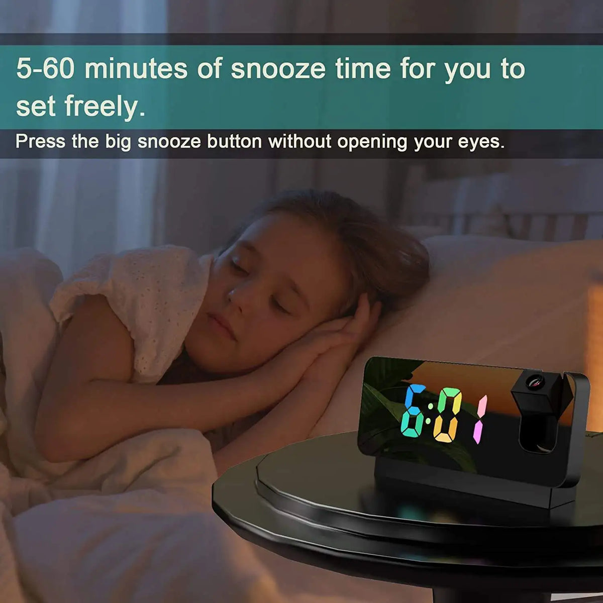 A young girl is lying down and using a projection alarm clock to set snooze time.