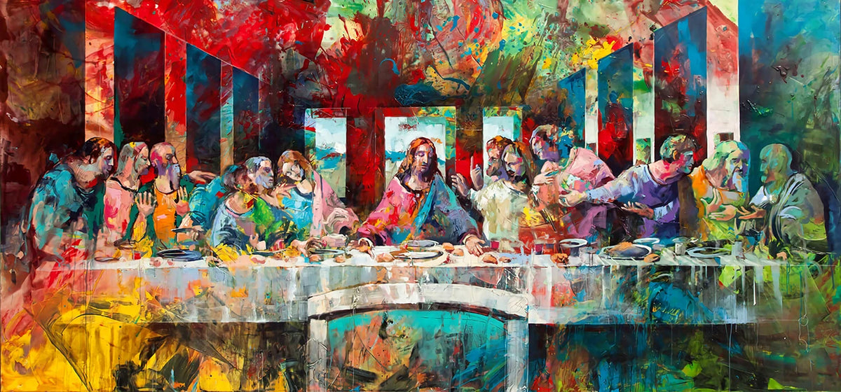 A painting depicting The Last Supper scene with figures gathered around a table.
