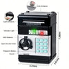 A black coin money saver piggy bank with a digital display, indicator light, and door knob.