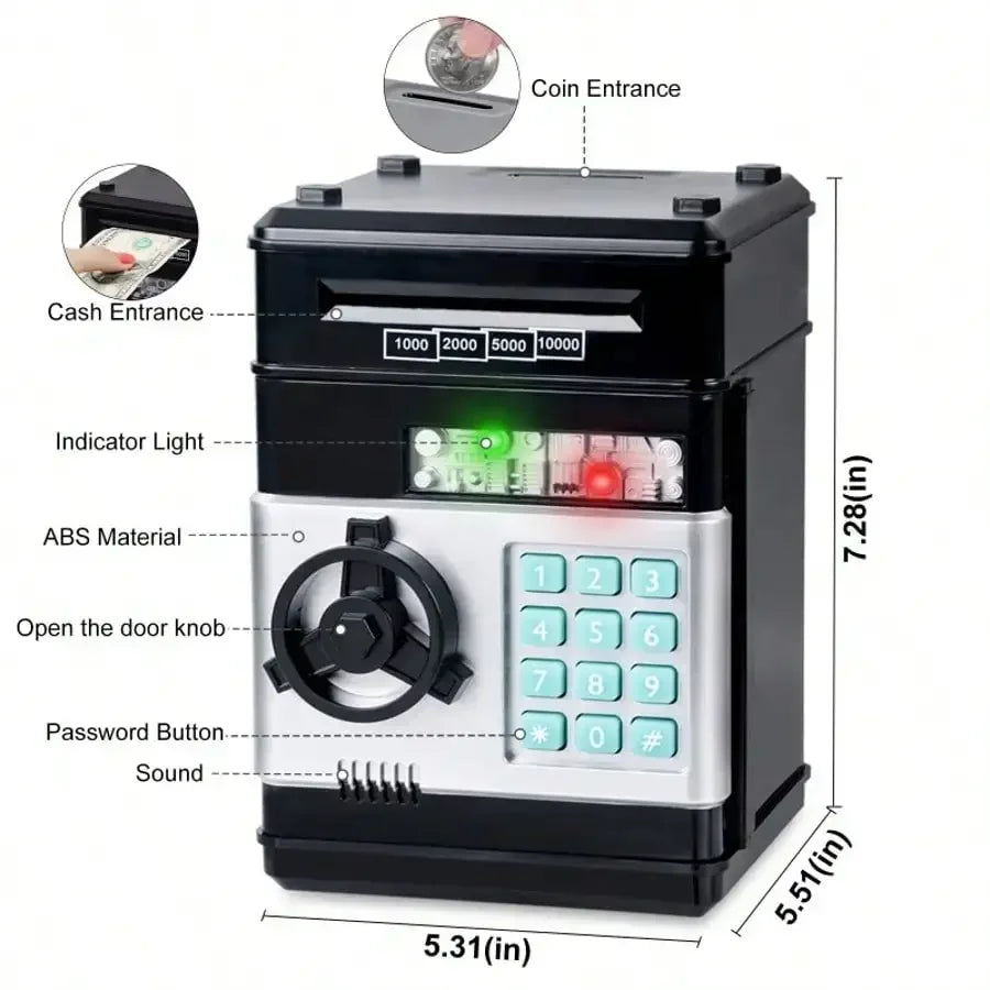 A black coin money saver piggy bank with a digital display, indicator light, and door knob.