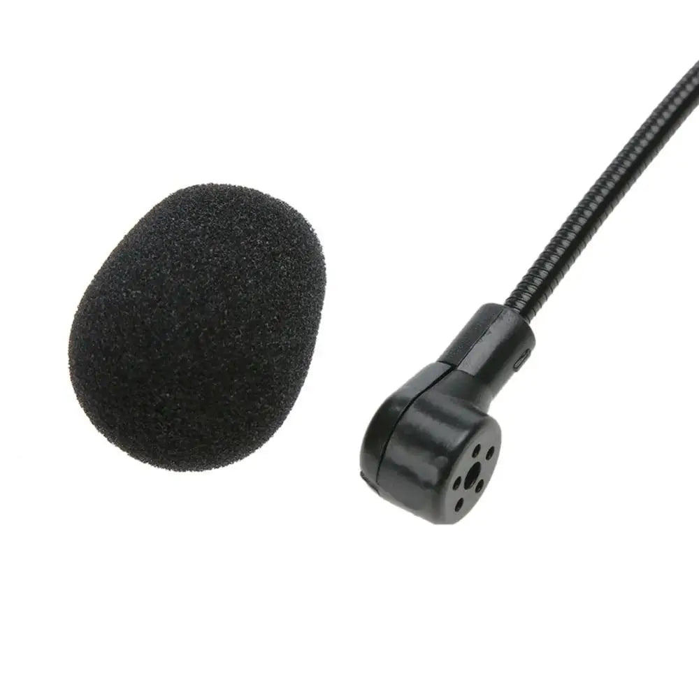 A black wired headset microphone with a flexible cable and a small connector.