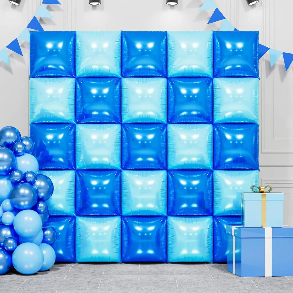 A wall display of blue and light blue square foil balloons arranged in a grid for celebrations.