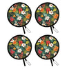 A set of four floral foldable pocket fans featuring vibrant green, orange, and white flowers on a dark background.
