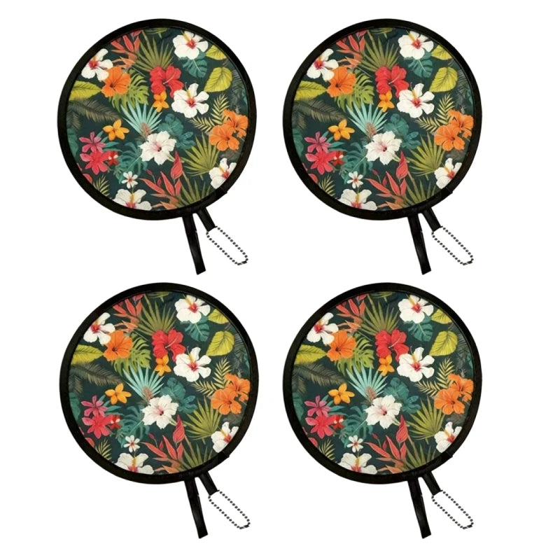 A set of four floral foldable pocket fans featuring vibrant green, orange, and white flowers on a dark background.