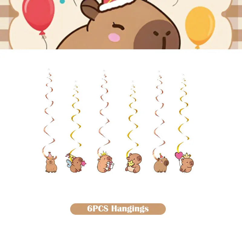A set of six hanging decorations featuring cute capybara characters for a birthday party.