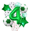 A set of green and white football shaped foil balloons, including a large number four balloon and star-shaped balloons.