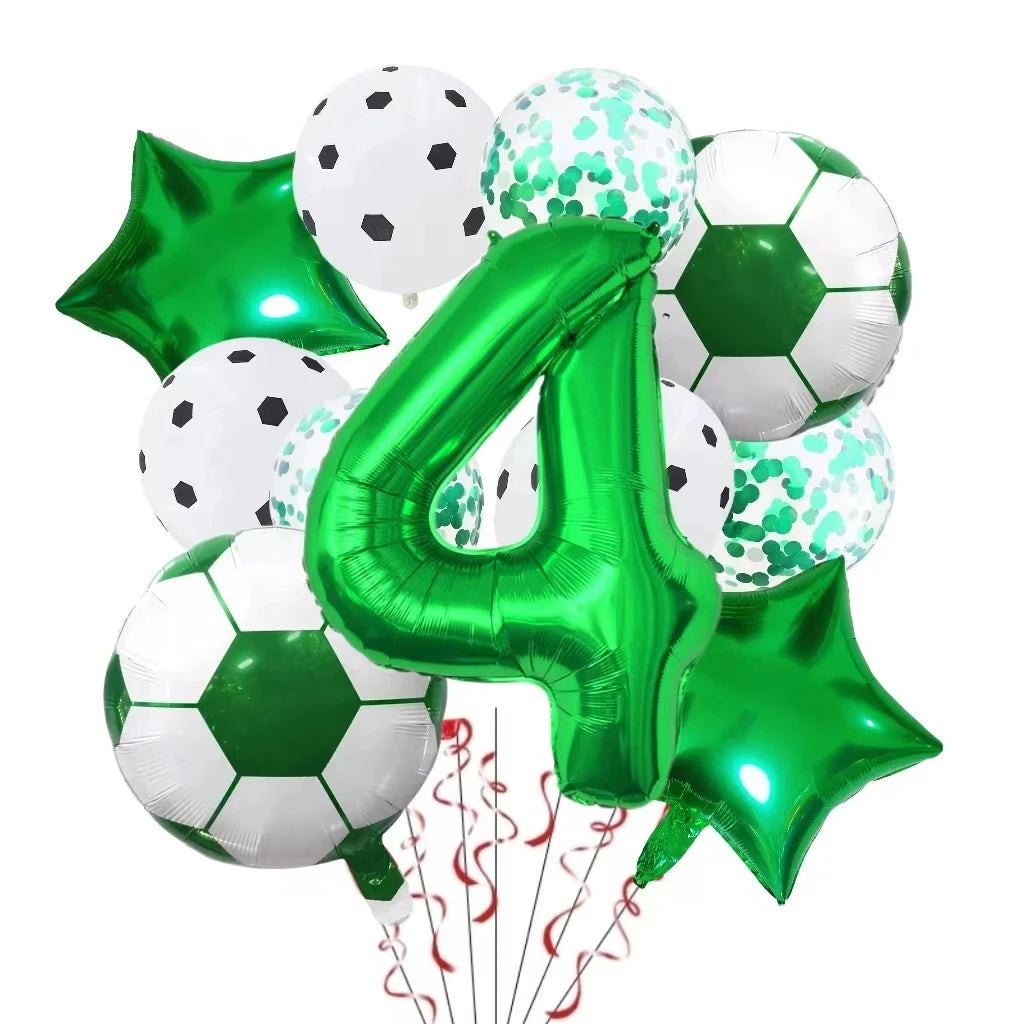 A set of green and white football shaped foil balloons, including a large number four balloon and star-shaped balloons.