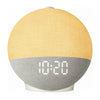 A round alarm clock featuring a yellow top half and a gray bottom half displaying the time 10:20