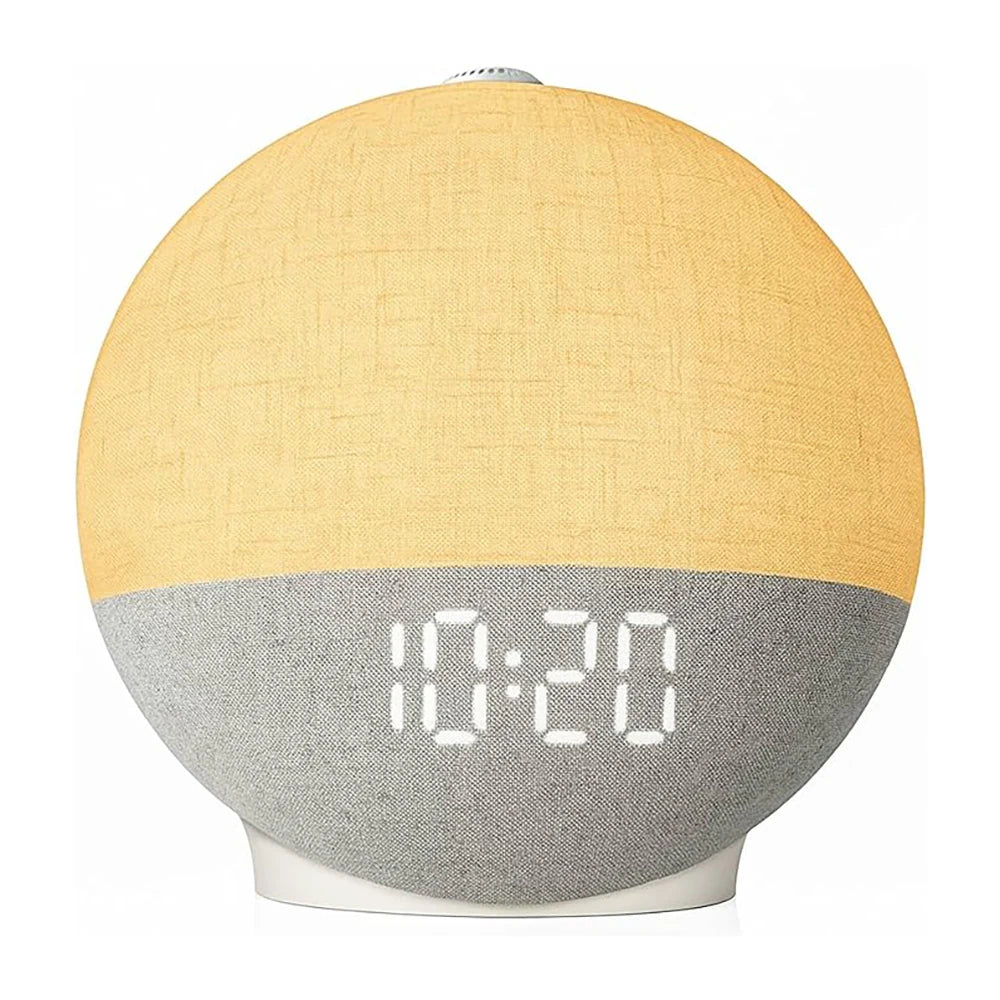 A round alarm clock featuring a yellow top half and a gray bottom half displaying the time 10:20