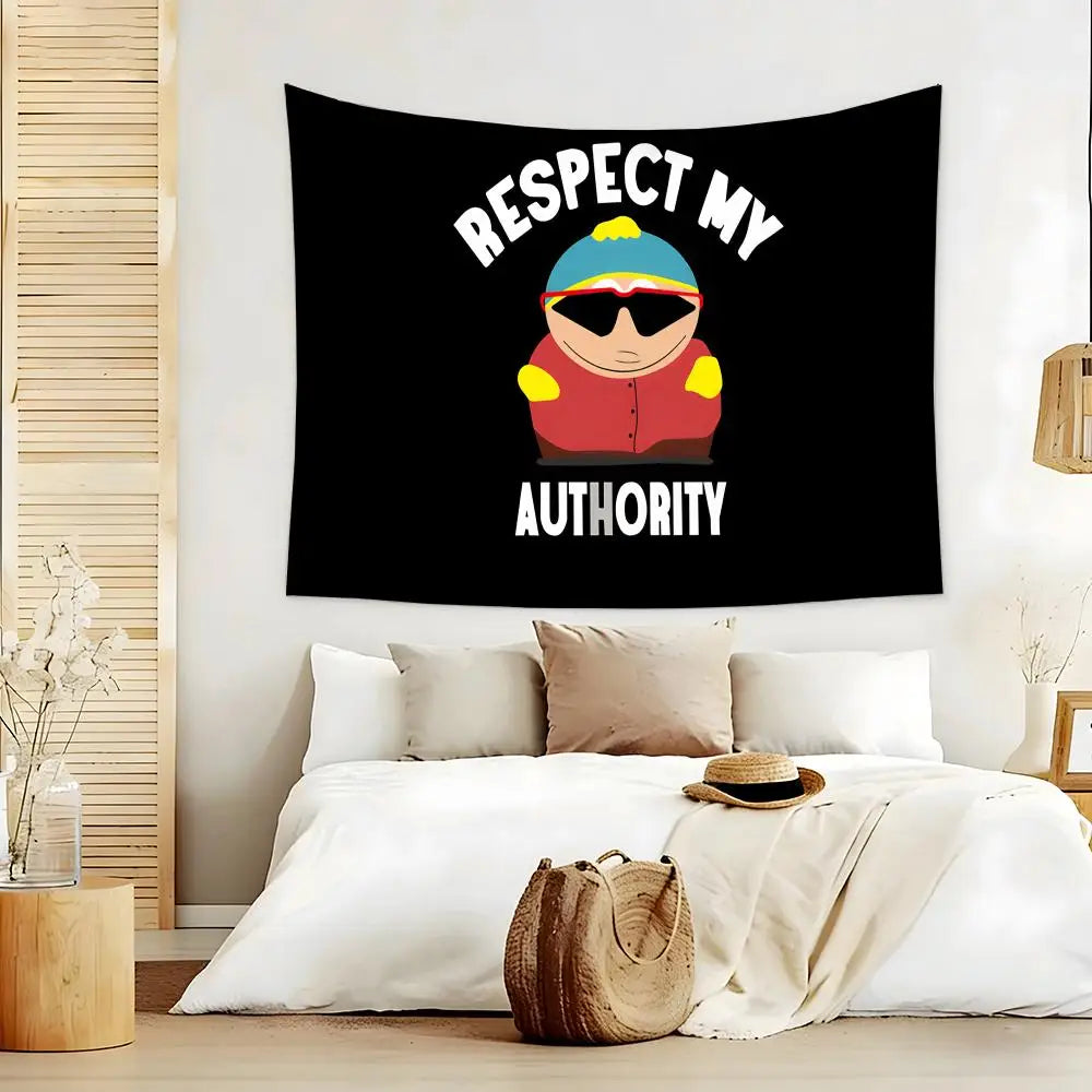 A black tapestry wall hanging featuring a cartoon character wearing sunglasses and a blue hat with the text Respect My Author