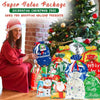 A woman in a red dress is shown next to a decorated Christmas tree and various colorful gift bags for holiday presents.