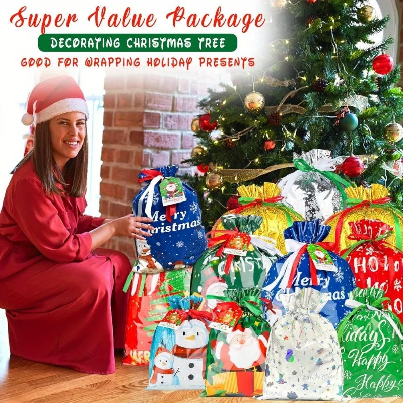 A woman in a red dress is shown next to a decorated Christmas tree and various colorful gift bags for holiday presents.
