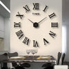 A modern wall clock with black hands and Roman numerals on a white background above a dining table.