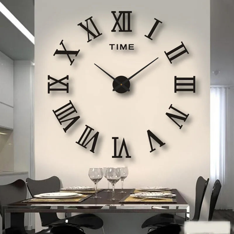 A modern wall clock with black hands and Roman numerals on a white background above a dining table.