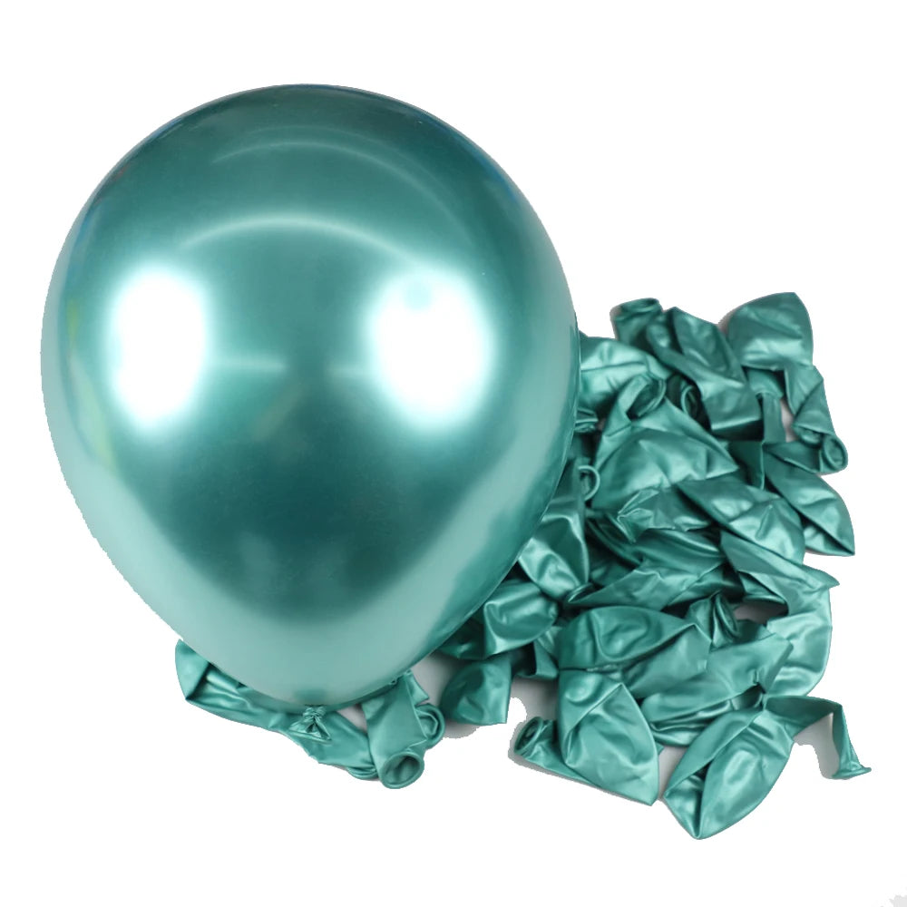 A single, shiny teal latex balloon is shown next to a pile of crumpled teal balloons for party decor.