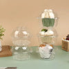 A clear plastic cake box with a lid is shown, containing small white and green decorated cakes.