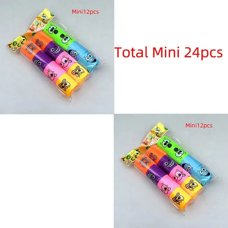 A collection of 24 colorful mini toys or party favors packaged in clear plastic bags.