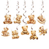 A banner featuring various teddy bears hanging from strings, some sitting, lying down, or being carried.