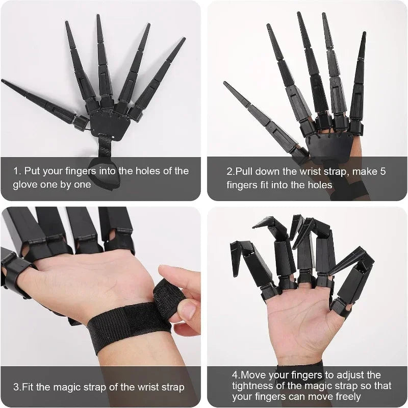 Demonstration of how to put on and adjust articulated skeleton hand gloves for Halloween