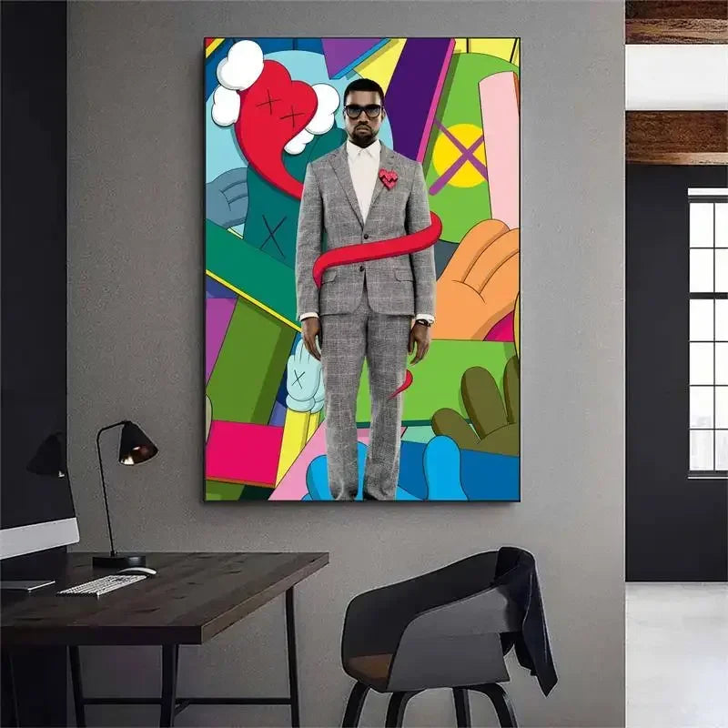 A vibrant canvas wall art featuring a portrait of Kanye West with colorful abstract background elements.