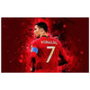 A soccer player wearing a red jersey with the name RONALDO and number 7 is shown against a fiery red background.