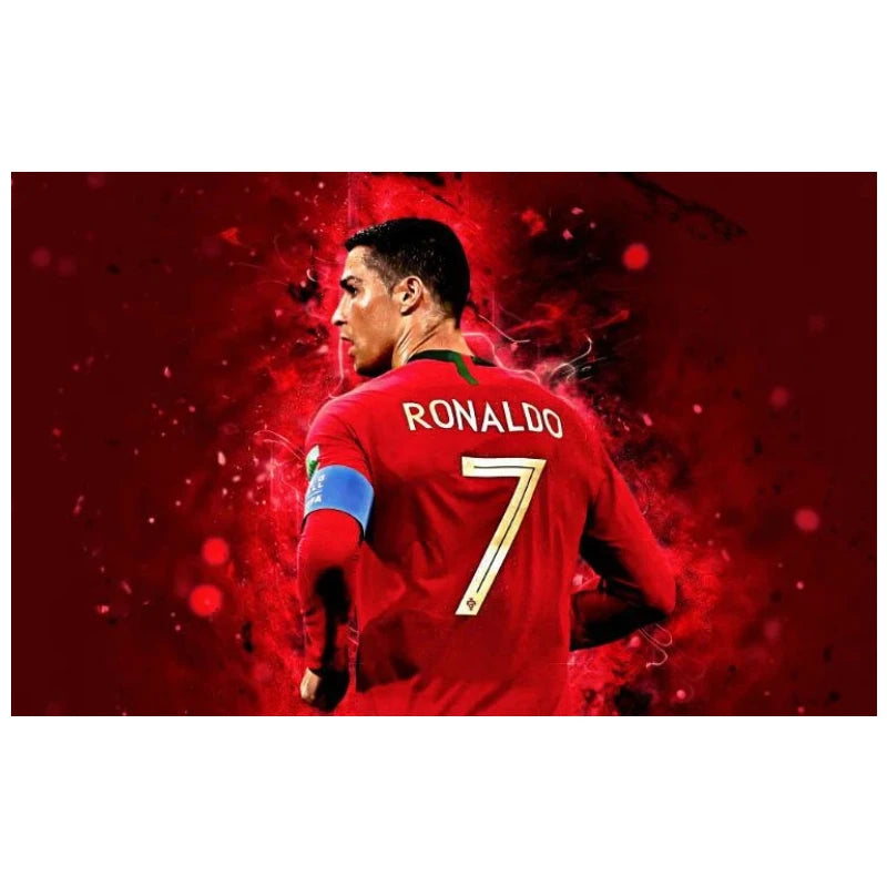 A soccer player wearing a red jersey with the name RONALDO and number 7 is shown against a fiery red background.