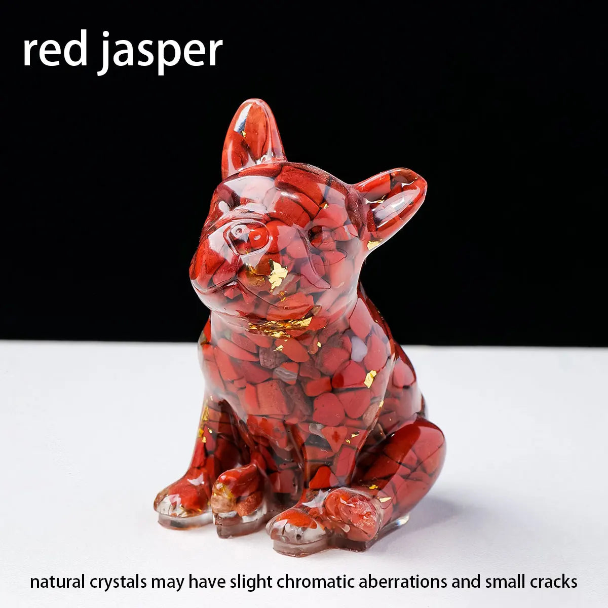 A red jasper dog statue dropper featuring natural crystals with slight chromatic aberrations and small cracks.