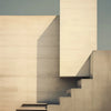 A minimalist concrete building facade with sharp geometric lines and shadows against a pale sky.