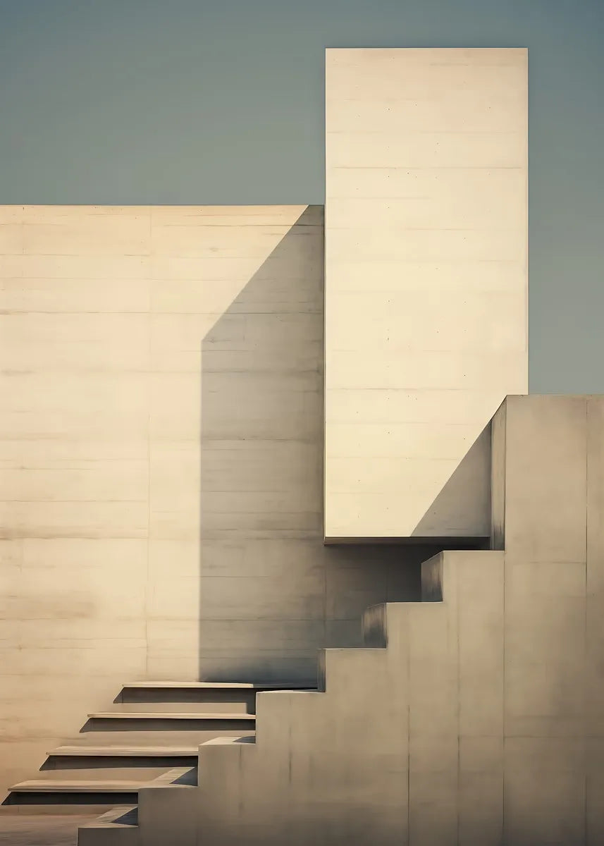 A minimalist concrete building facade with sharp geometric lines and shadows against a pale sky.