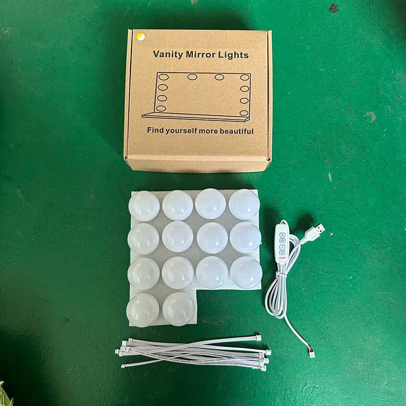 A box containing dimmable LED vanity mirror lights and associated wiring and bulbs.