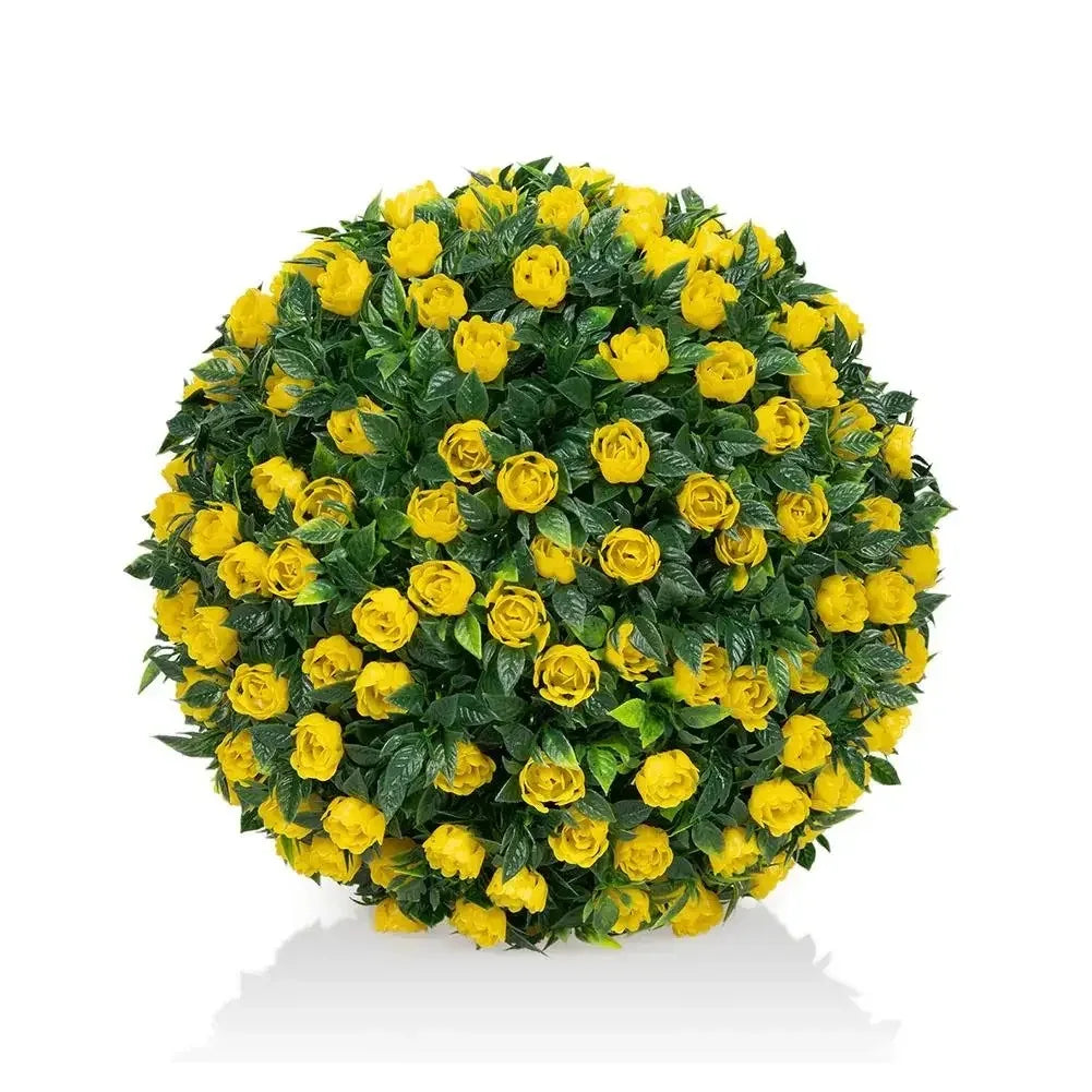 A dense sphere of artificial yellow roses used as decorative floral ball