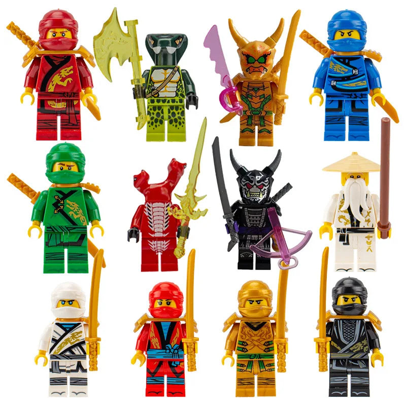 A collection of various Golden Ninja building block figures in different colors and styles.